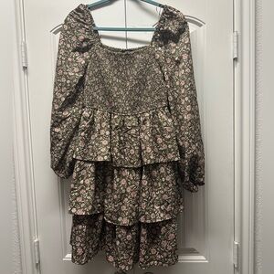 Floral Tiered Peasant Maxi Dress - Olive & Blush